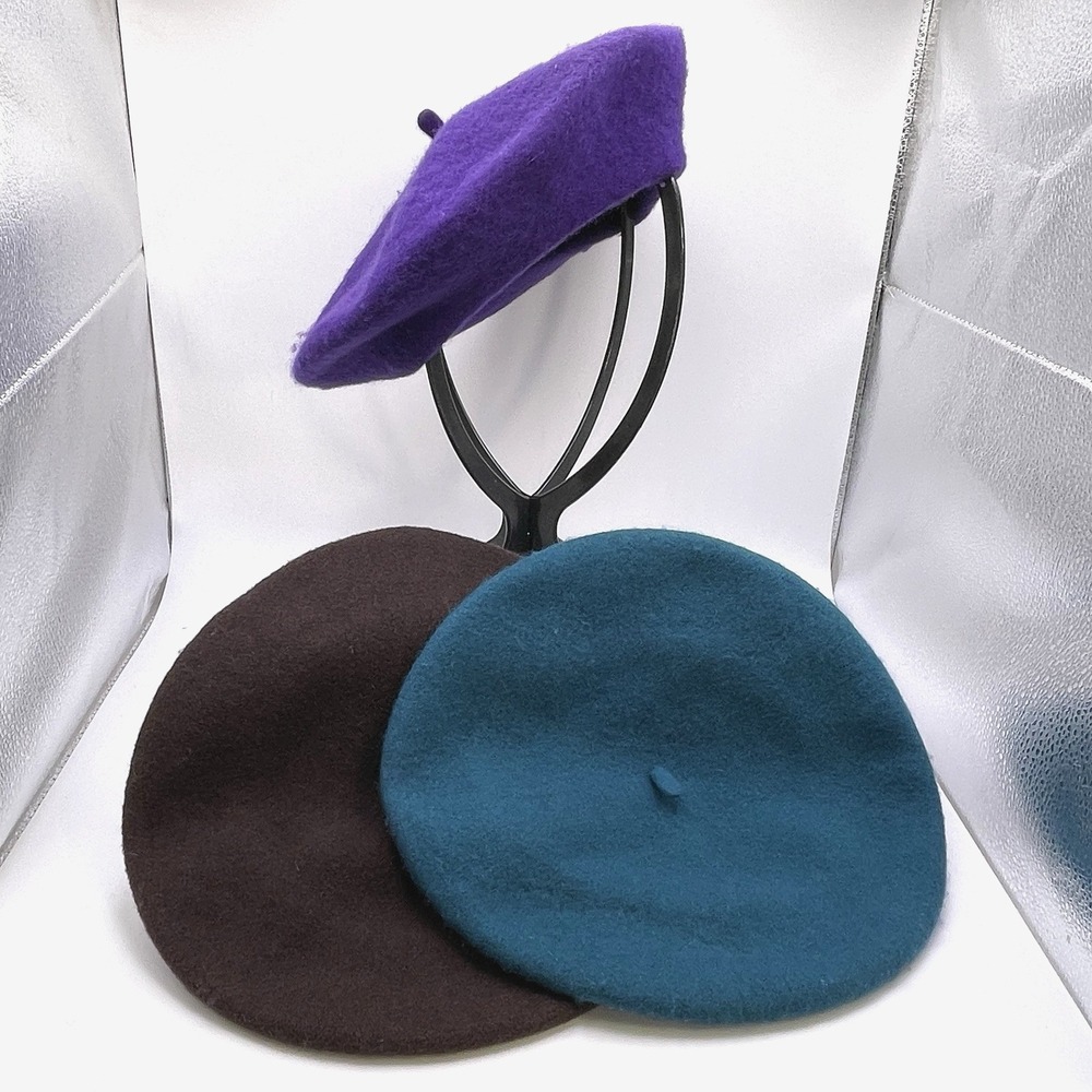 (3) Vtg‎ Wool Beret Hat Parisienne French Brown Purple Blue Mark Reed Preston